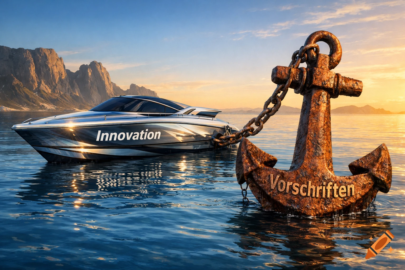 Modern speedboat with 'Innovation' held back by a rusty anchor with 'Vorschriften' in a scenic ocean with mountains at sunset.