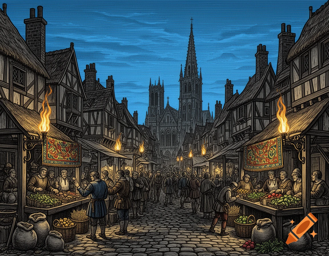 A vibrant woodcut illustration of a bustling medieval market street at dusk, with a grand Gothic church in the background.