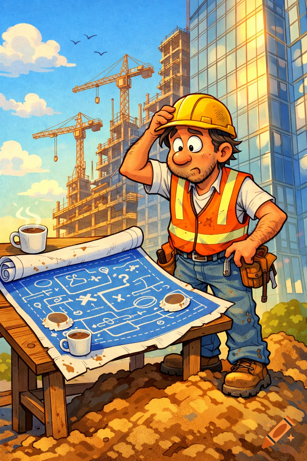 A cartoon construction worker in a hard hat and safety vest scratches his head while looking at a blueprint with coffee stains, at a construction site with cranes and a modern building in the background.