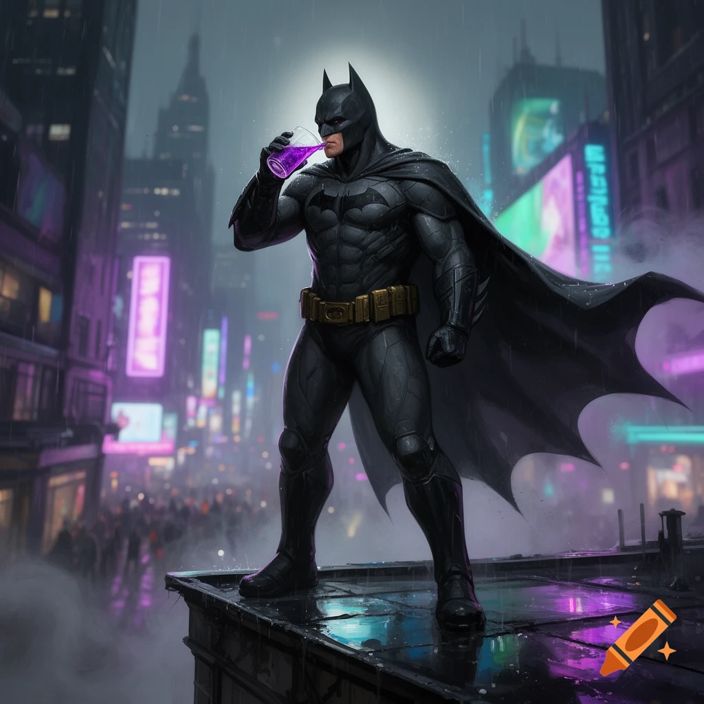 Batman in a dark suit drinks a purple liquid on a rainy city rooftop, neon lights glow in the background.