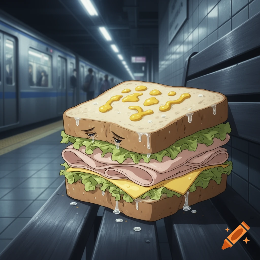 A cartoon illustration of a sad, anthropomorphic sandwich with tears, sitting on a bench in a subway station.
