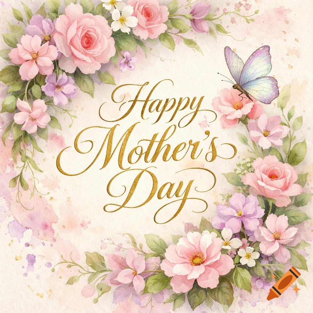 Gold 'Happy Mother's Day' text framed by watercolor pink and purple flowers, green leaves, and a butterfly.