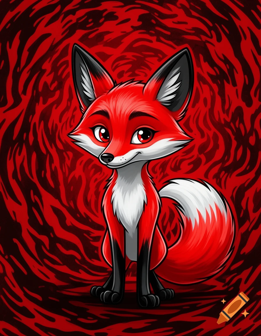 A cute red and white cartoon fox with black paws and ear tips sits in front of a swirling red and black background.