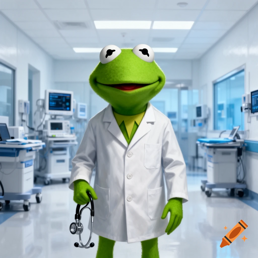 Kermit the Frog, dressed as a doctor in a white lab coat, holds a stethoscope in a bright hospital hallway.