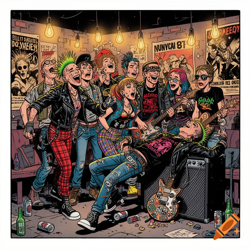 Comic art illustration of a group of punk rockers with guitars and beer cans in a dimly lit room with band posters.