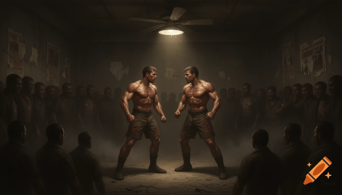 Two muscular men face off in a dimly lit, gritty underground fight club arena with a shadowy crowd watching.