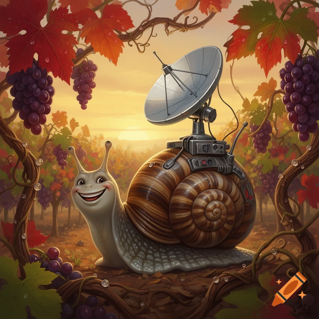 A smiling anthropomorphic snail with a satellite dish on its shell moves through a vibrant vineyard at sunset.