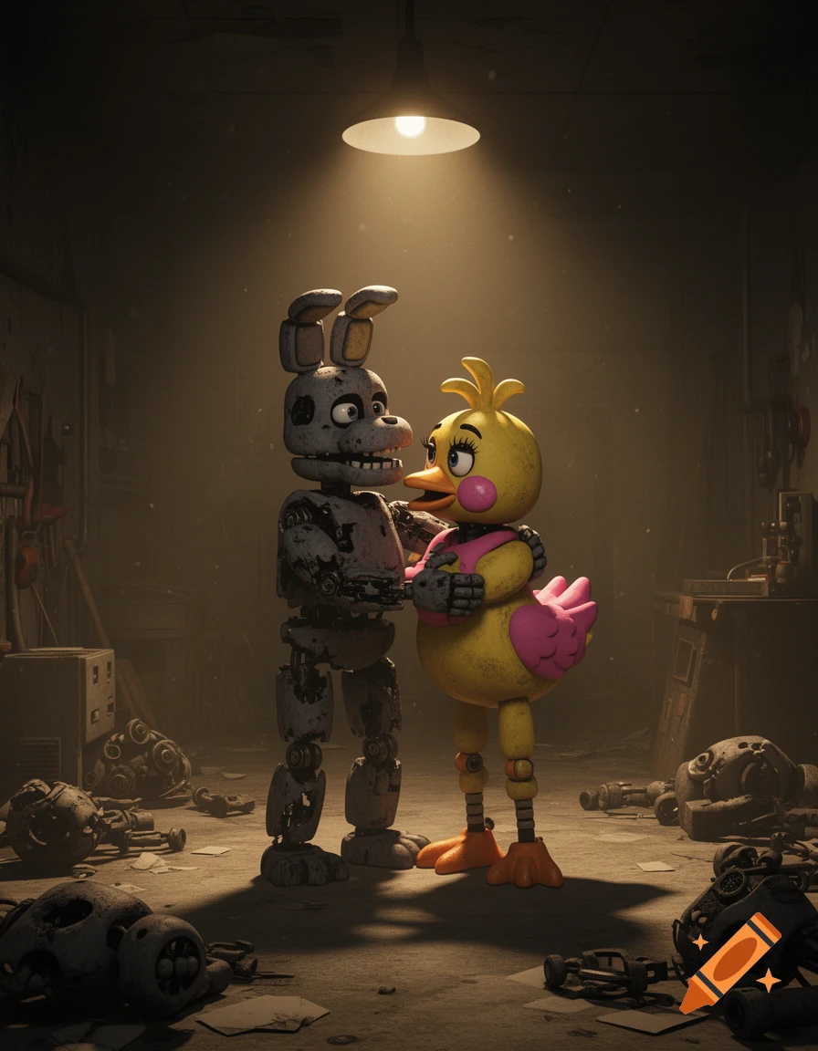 Withered Bonnie and Toy Chica, animatronic characters from Five Nights at Freddy's, embrace in a dimly lit, cluttered workshop.