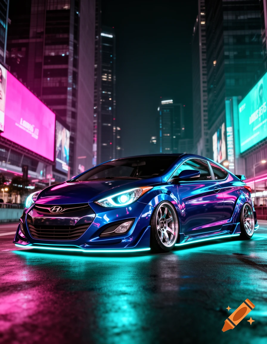 A low-angle shot of a custom dark blue Hyundai Elantra coupe with glowing neon blue underglow and headlights, parked on a wet city street at night with pink and cyan neon billboards in the background.