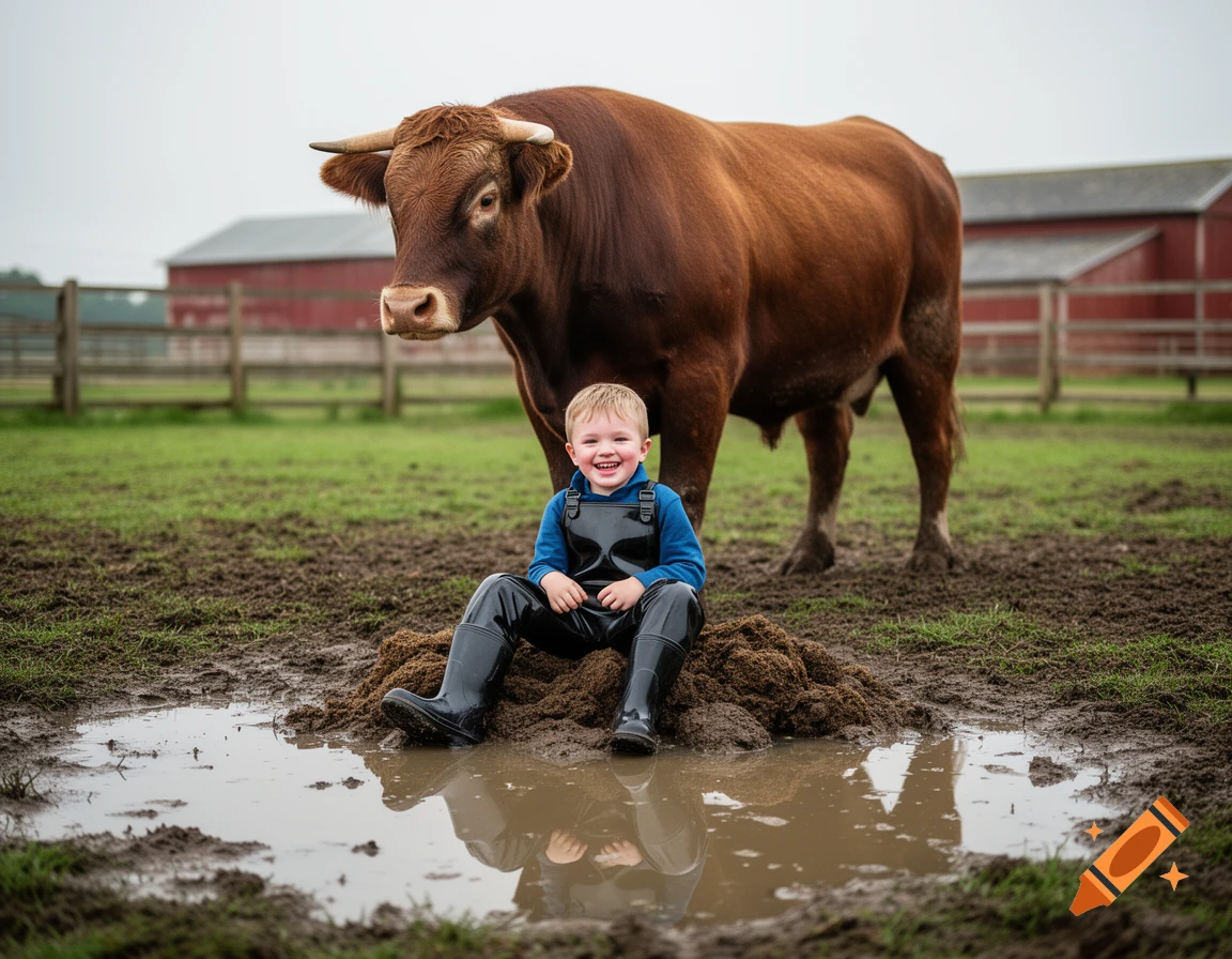 A cheerful little boy in black chest waders sits on a muddy mound by a puddle, with a large brown bull behind him on a farm.