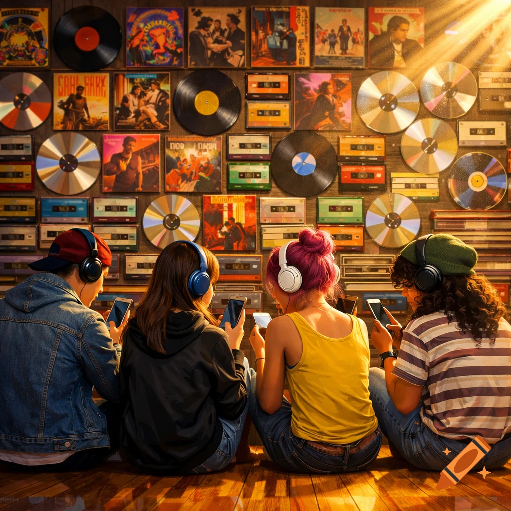 Four young people sit on a wooden floor, wearing headphones and looking at cellphones, against a wall covered with records, cassette tapes, and CDs.