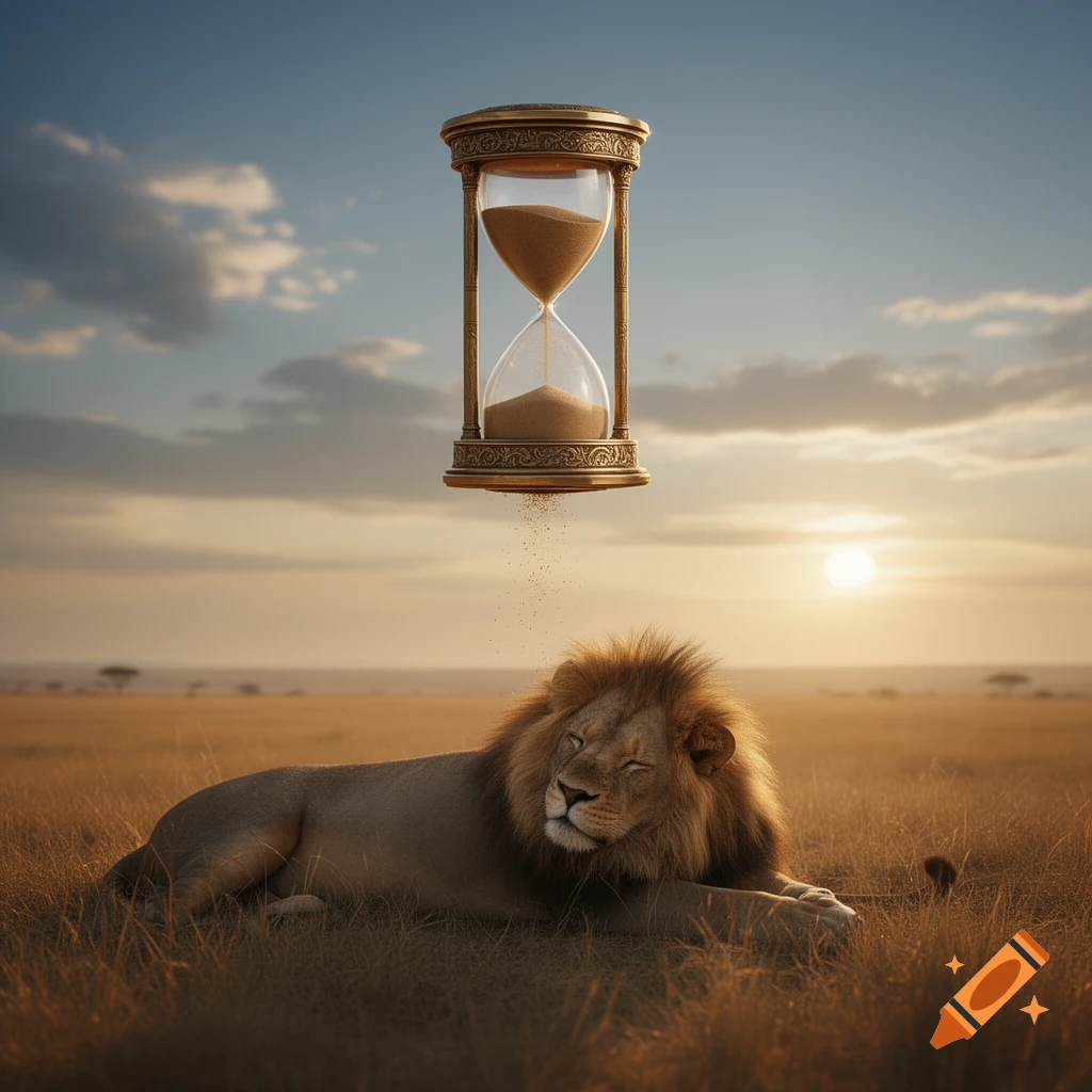 A photorealistic sleeping lion in a savanna at sunset, with a large hourglass floating above it, sand trickling down.