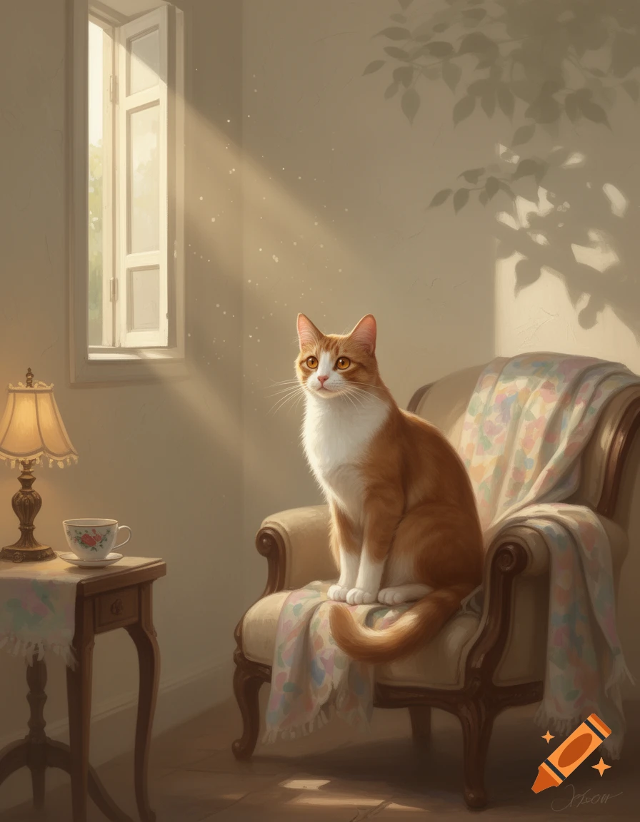 An orange and white cat sits on an ornate armchair in a sunlit room, with a window and a side table.