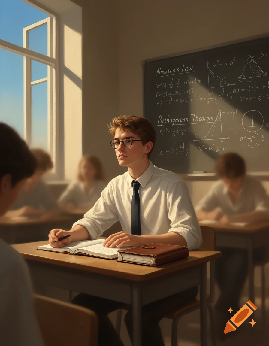 A young male student with glasses in a white shirt and tie sits at a desk in a sunlit classroom, looking thoughtfully towards the window. A blackboard with math equations is behind him, and other students are blurred in the background.