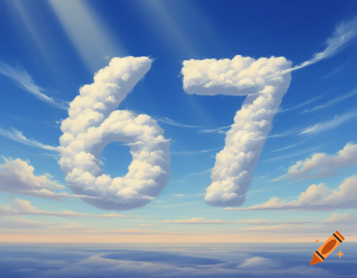 Fluffy white clouds form the numbers 6 and 7 against a bright blue sky, with a softer horizon.
