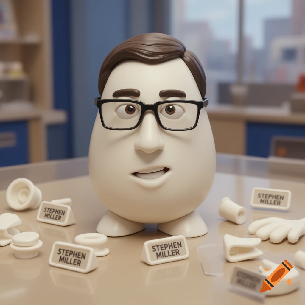 A white Mr. Potato Head figure with Stephen Miller's face and glasses, surrounded by toy parts and name tags reading STEPHEN MILLER in an office setting.