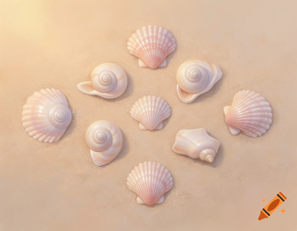 Pale pink and white seashells scattered on a beige sandy background, illuminated by soft light.