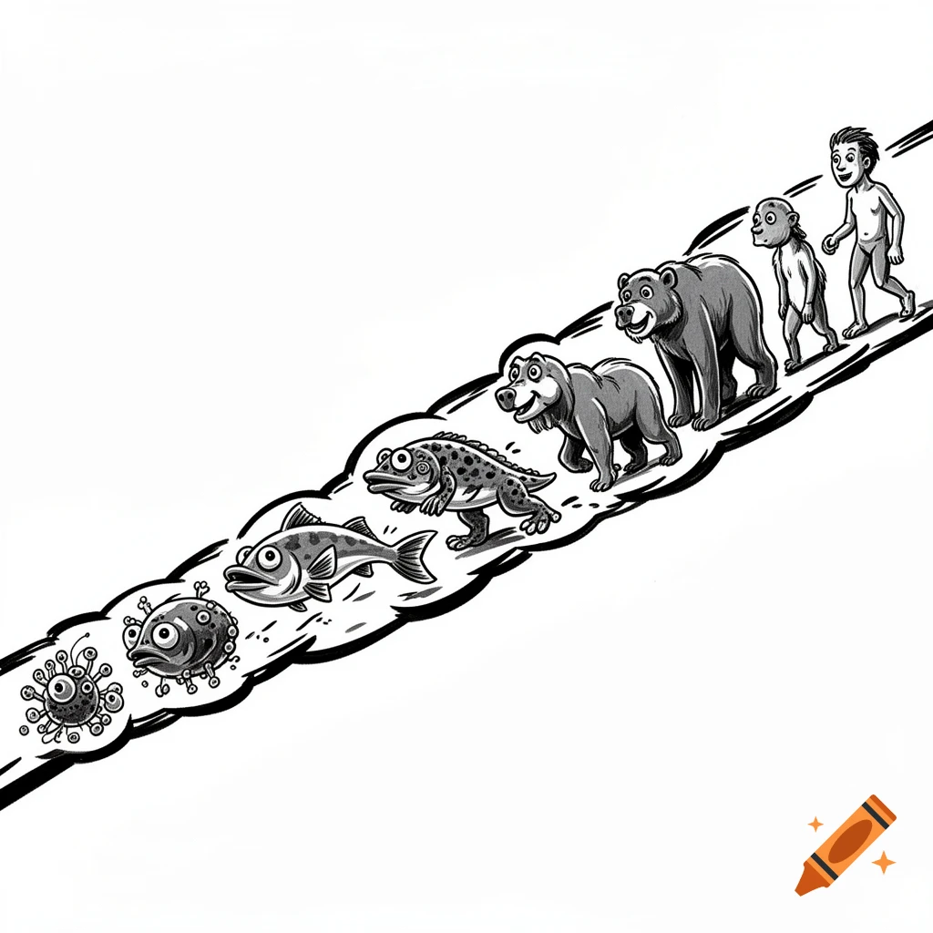 A black and white cartoon illustration of evolution, progressing from a microbe to a fish, frog, two bears, an ape-like figure, and a human.