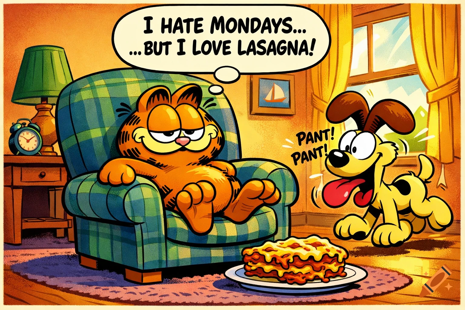 Cartoon Garfield in a plaid armchair, saying 'I HATE MONDAYS... BUT I LOVE LASAGNA!'. Odie the dog pants excitedly next to a plate of lasagna.