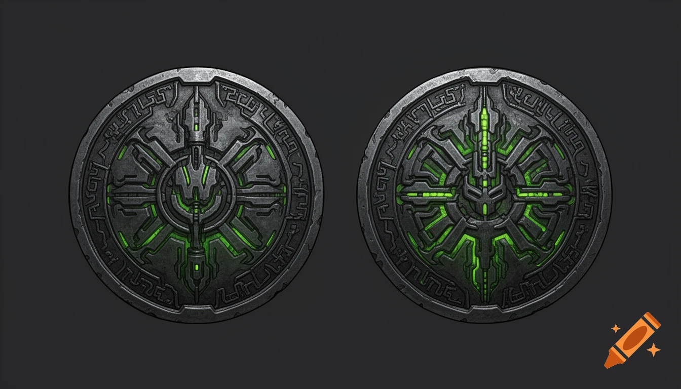 Two ancient-looking dark silver coins or shields with intricate, glowing neon green sci-fi patterns on a dark background.
