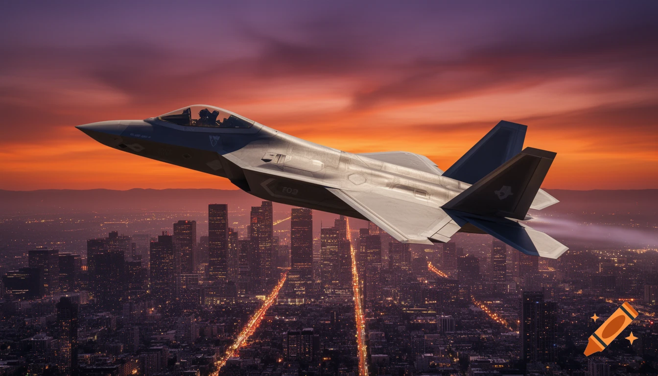A realistic F-22 Raptor fighter jet flies over a glowing city skyline at sunset under a dramatic orange and purple sky.