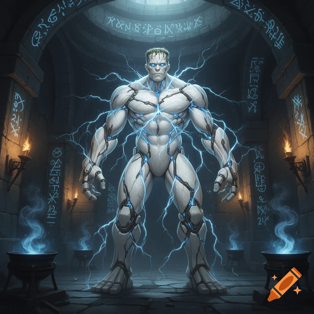 A muscular, white Frankenstein-like golem crackles with blue electricity in a dark, rune-covered stone dungeon.