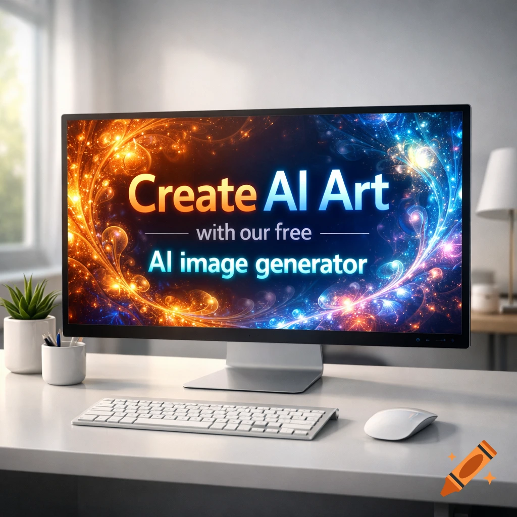 Photorealistic computer monitor on a desk displaying 'Create AI Art with our free AI image generator' with glowing orange and blue fractals.