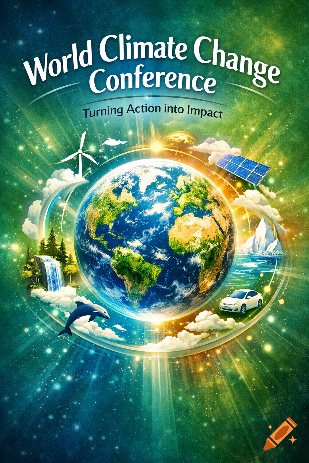 Vibrant poster for World Climate Change Conference, featuring Earth, a windmill, solar panels, a waterfall, a dolphin, a car, and icebergs.