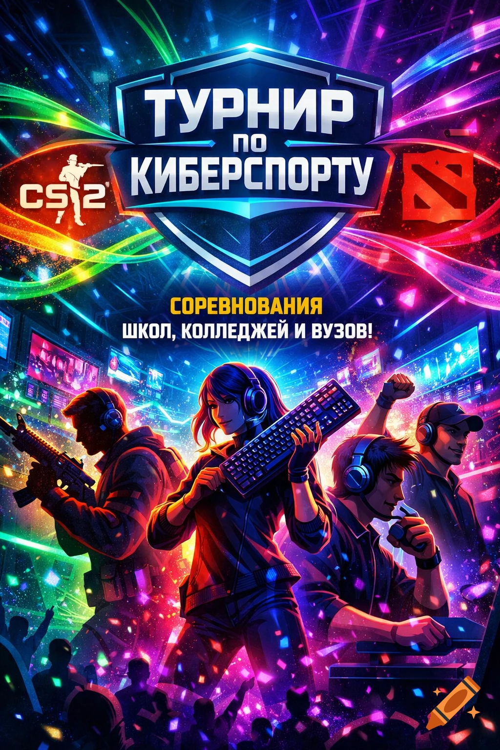 A vibrant esports tournament poster featuring stylized gamers, a CS2 logo, DOTA2 logo, and text 'TOURNAMENT IN CYBERSPORT' and 'COMPETITIONS OF SCHOOLS, COLLEGES AND UNIVERSITIES!'