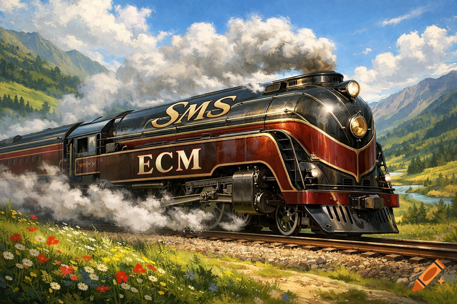 A black and red locomotive with gold text 'SMS' and 'ECM' travels through a green mountain valley with wildflowers.