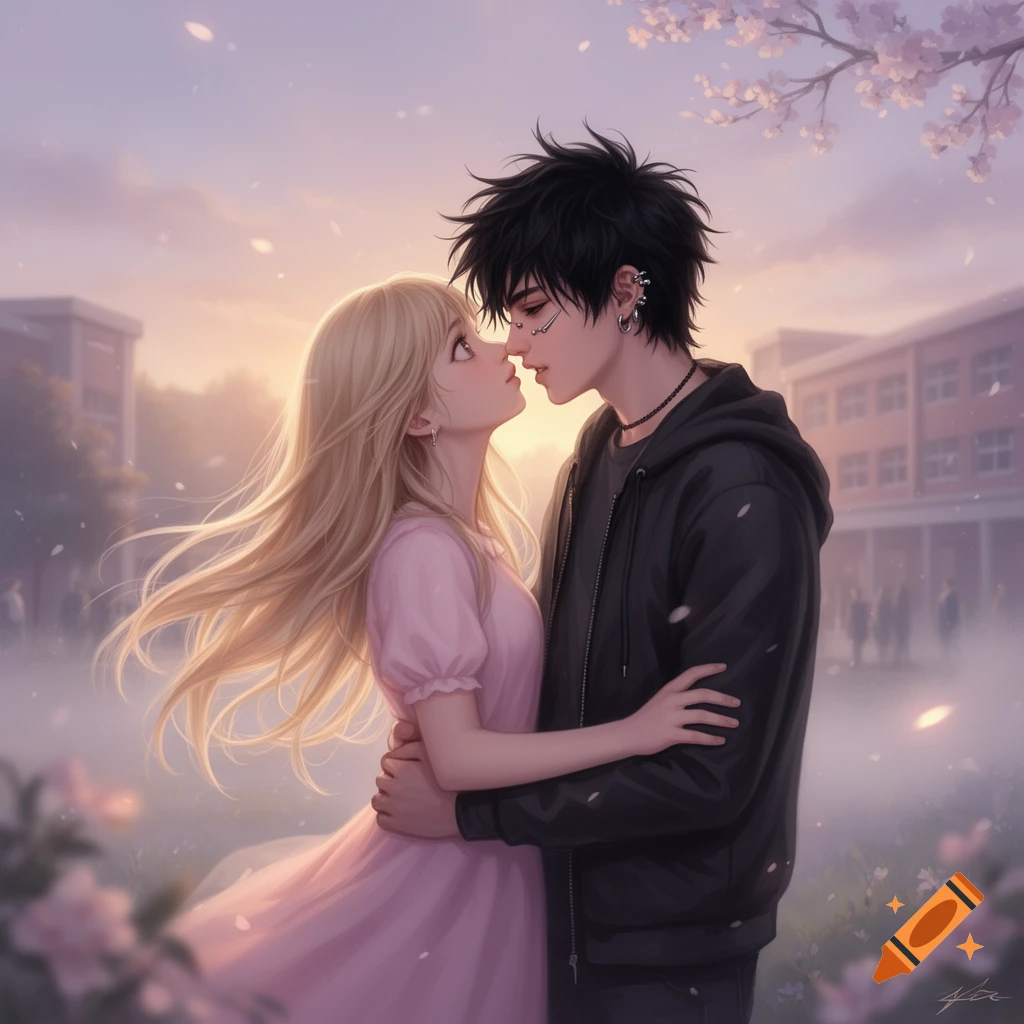 An anime couple, a blonde girl in pink and an emo boy with piercings, embrace in a soft-lit schoolyard at sunset.