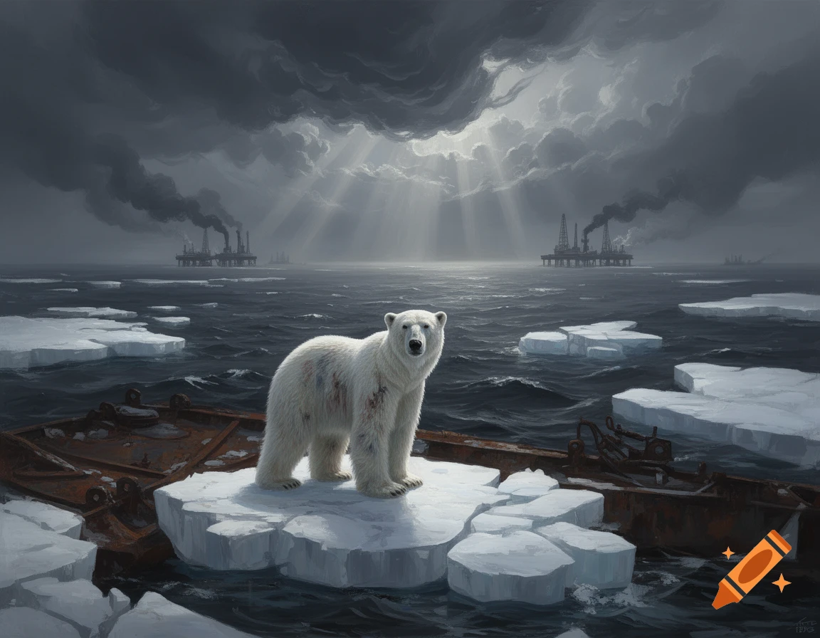 A polar bear with red marks on its fur stands on a small ice floe in a dark, stormy, polluted ocean with distant oil rigs. Photorealistic art style.