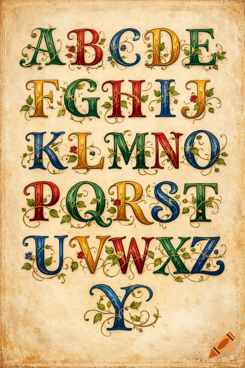 An illuminated alphabet poster featuring decorative, colorful capital letters A-Z with floral vines on aged paper.