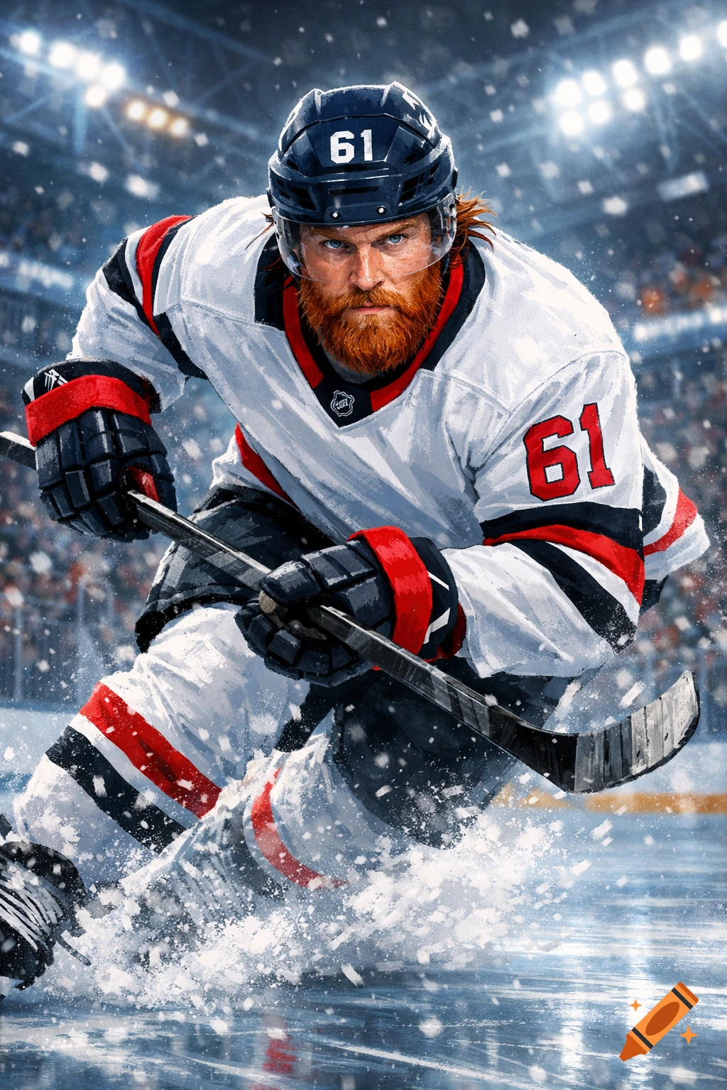 Red-bearded hockey player in a white jersey with number 61, powerfully skating on ice, kicking up spray in a stadium.