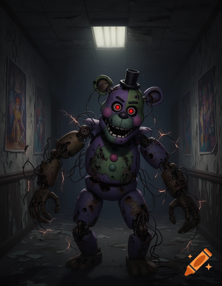 A terrifying, damaged purple and green animatronic bear with glowing red eyes stands in a dark, dilapidated hallway with sparking wires.