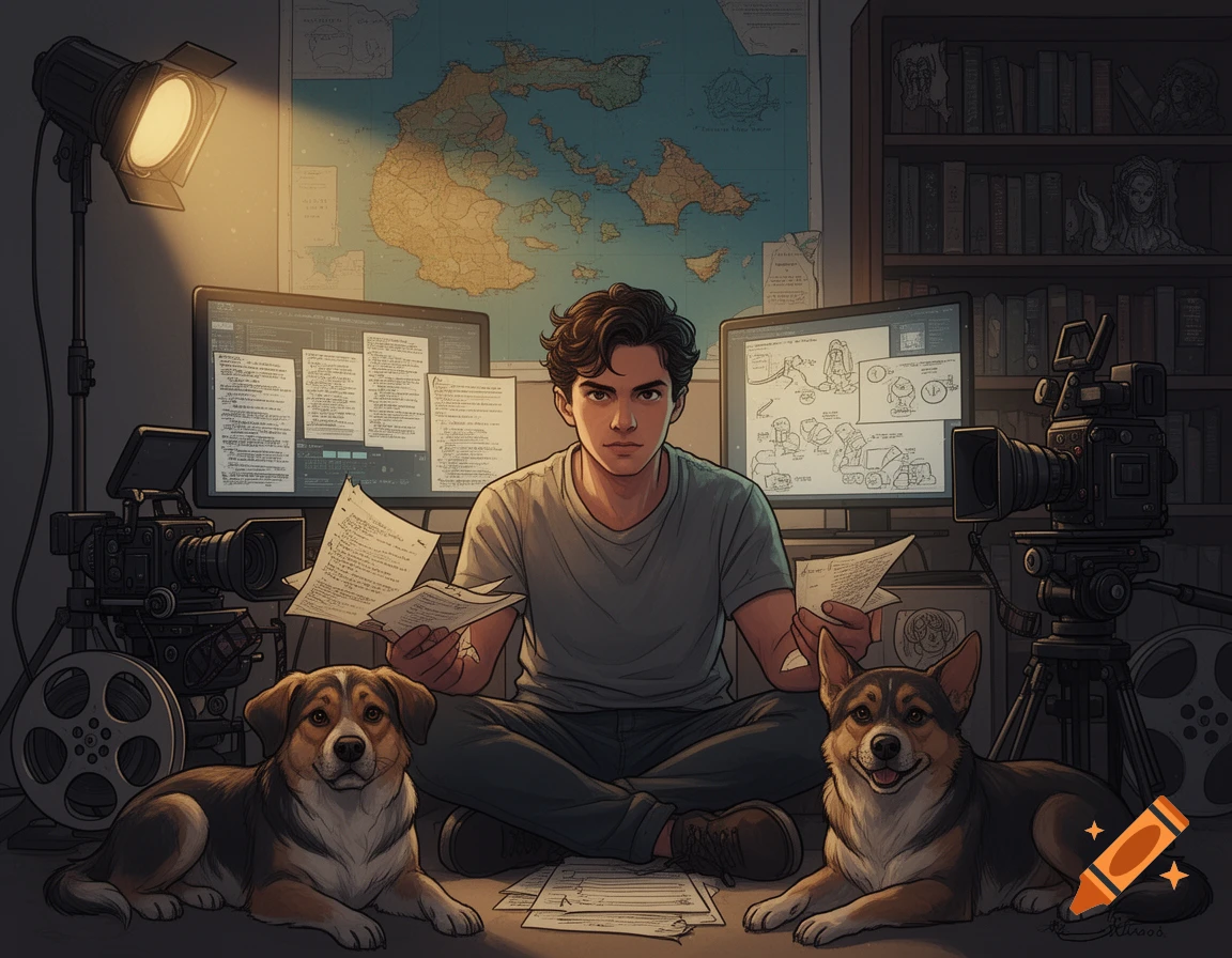 An illustrated young man sits cross-legged on the floor, surrounded by film equipment, computers, and two dogs.