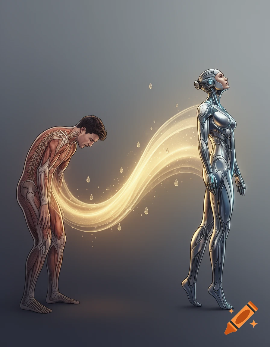 A man with exposed muscles and bones transforms into a futuristic silver robot woman via a golden light stream.