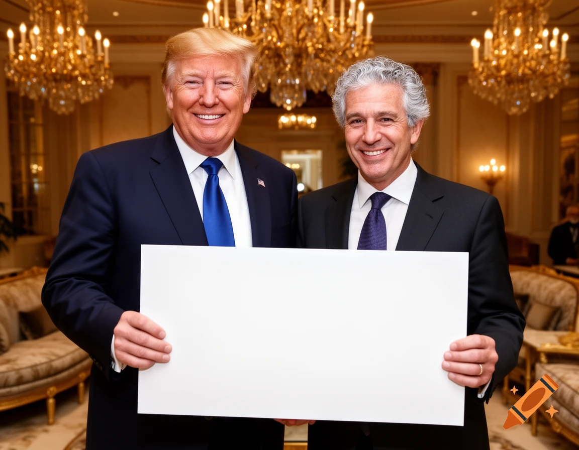Donald Trump and a man in suits smile while holding a blank white sign in a luxurious room with chandeliers.