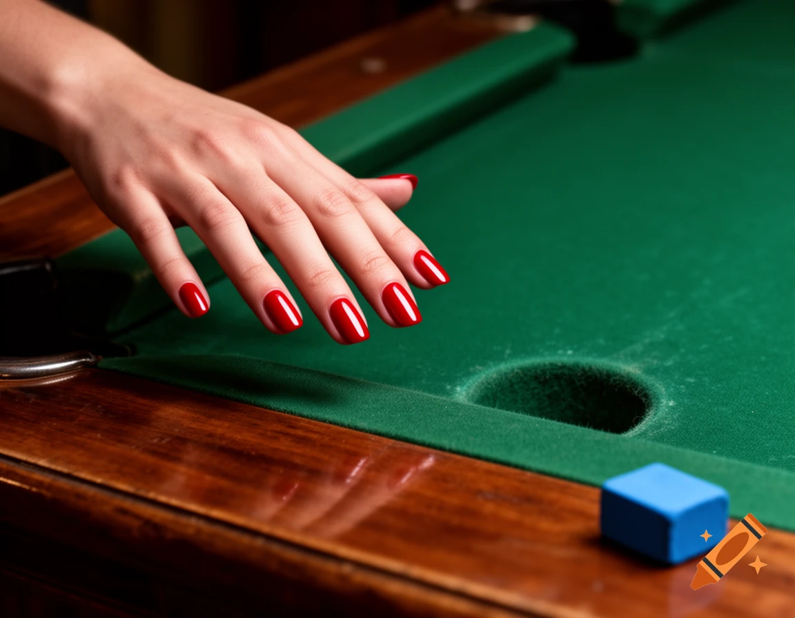 A hand with bright red nails rests on a green pool table, next to a blue chalk cube and a slightly distorted pocket.