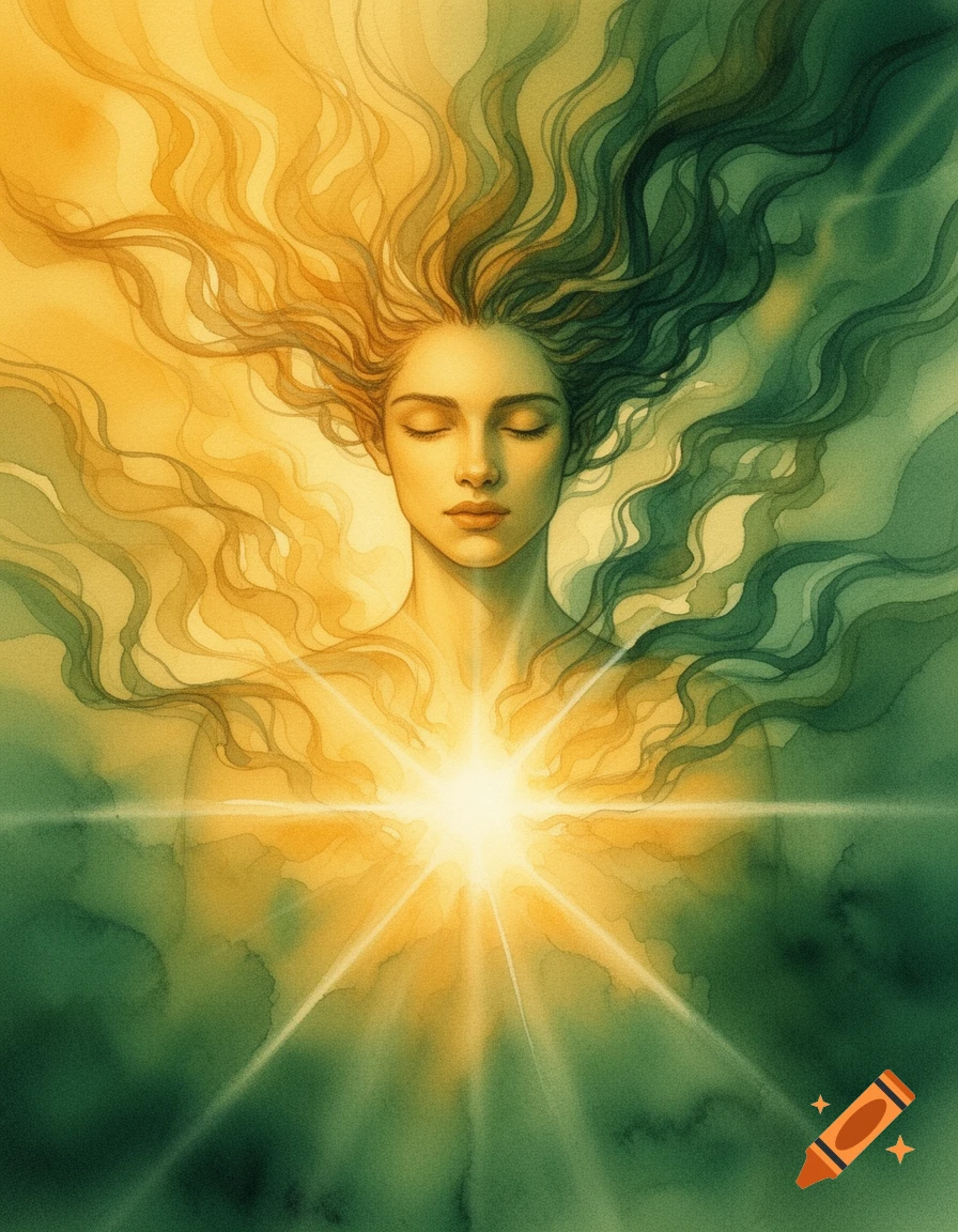 Watercolor painting of a serene woman with closed eyes, flowing green ...