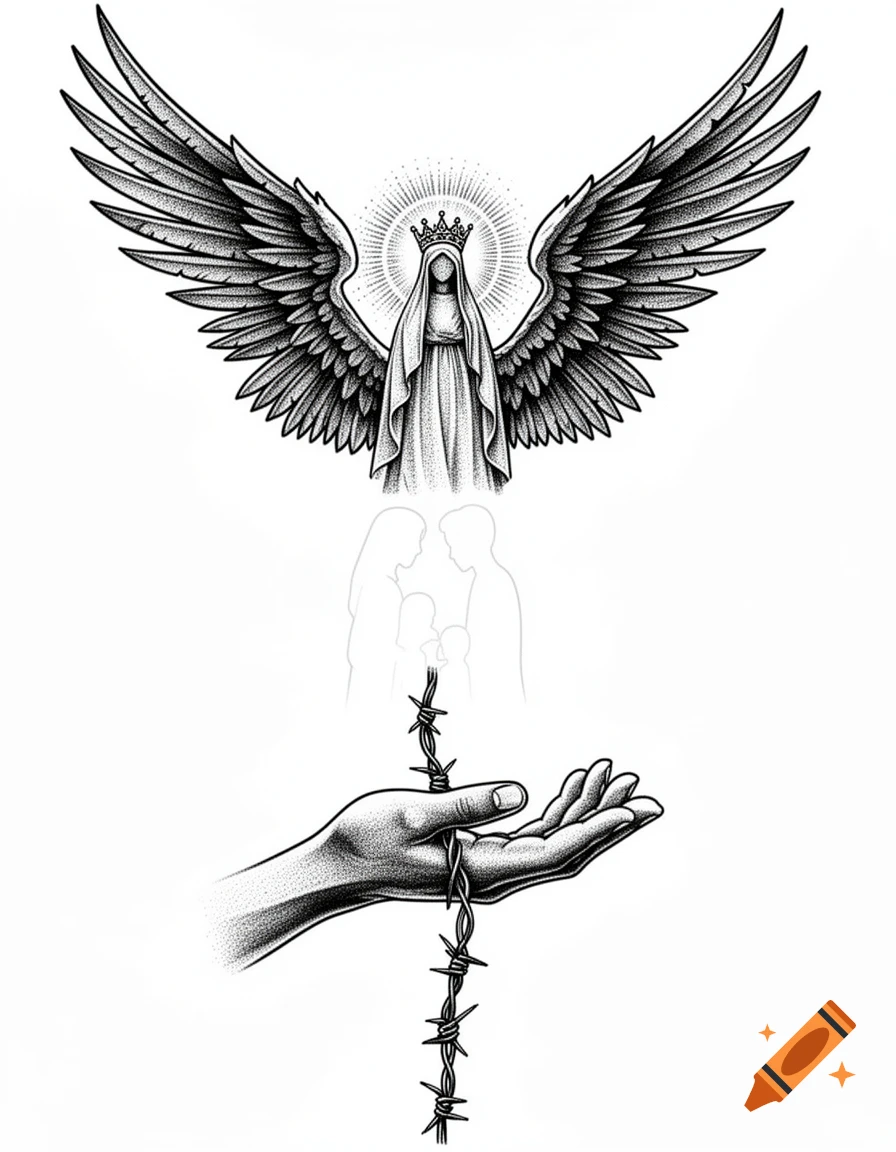 Black and gray dotwork tattoo art depicting a winged, crowned, veiled figure above a hand holding barbed wire and faint family silhouettes.