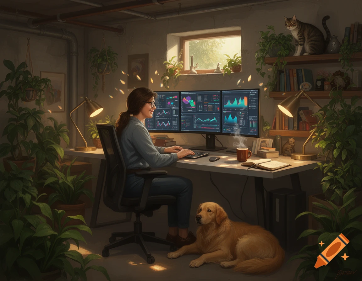 A woman works on multiple computer monitors in a plant-filled home office with a golden retriever and a cat.