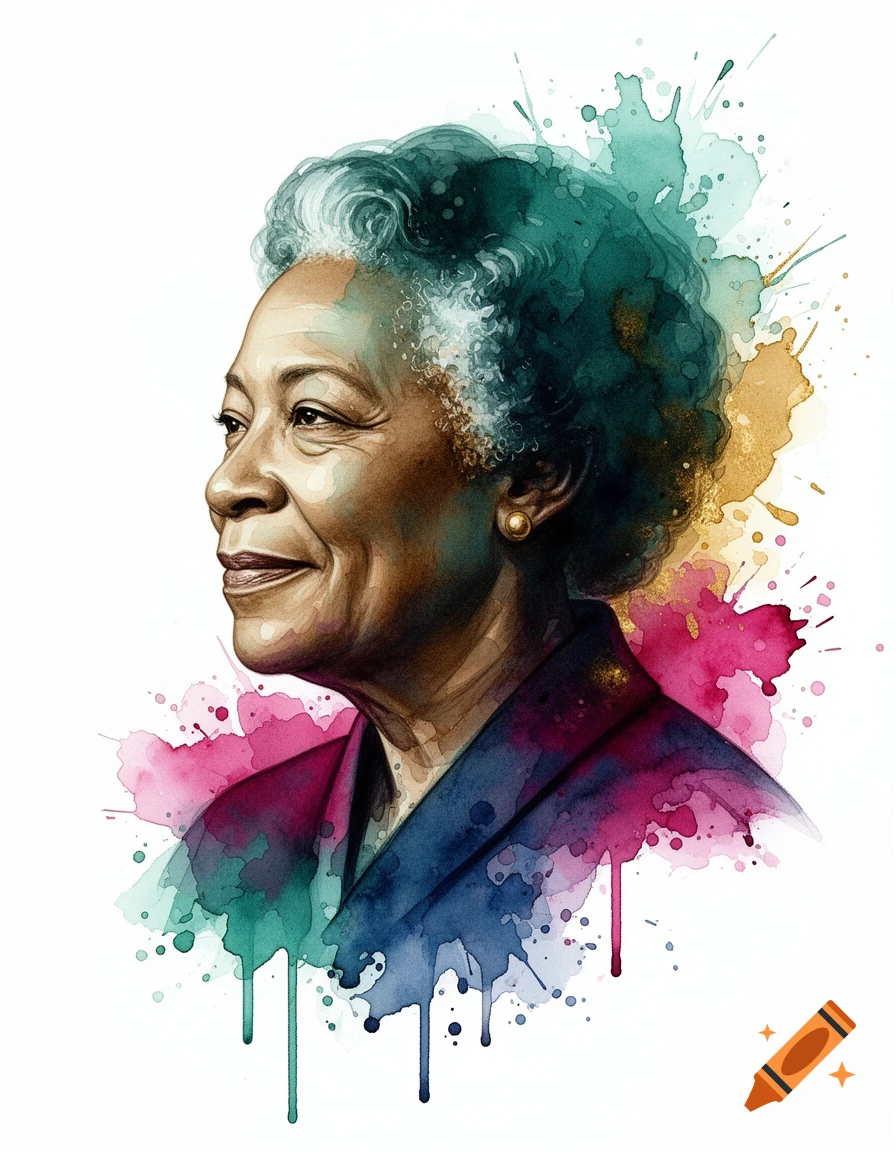 Watercolor portrait of an African American woman in side profile, with colorful teal, magenta, gold, and blue splashes.