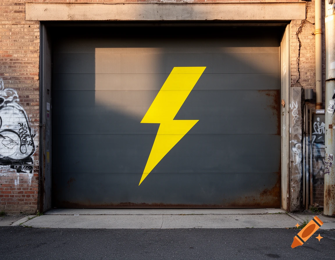 A dark gray garage door with a bright yellow lightning bolt symbol in the center, flanked by brick walls with graffiti.