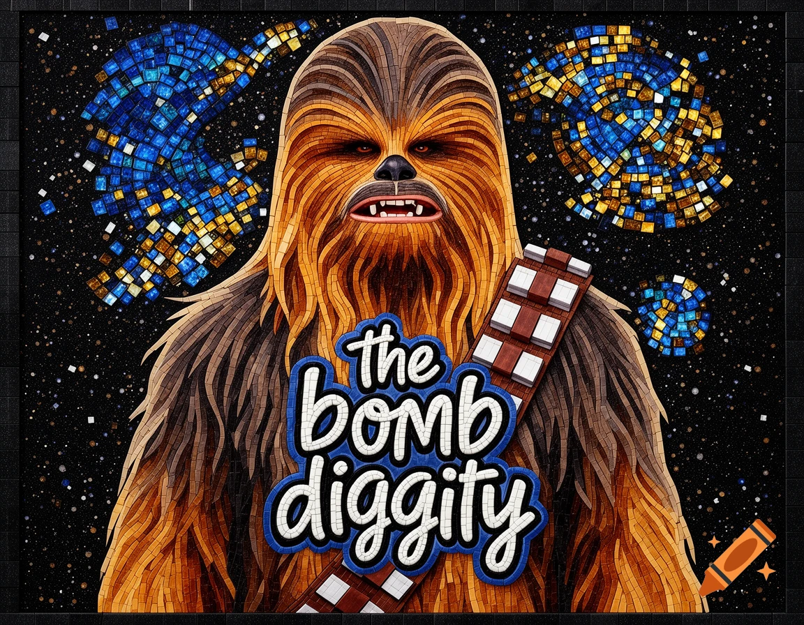 Mosaic art of Chewbacca with text "the bomb diggity" on his chest, against a starry, mosaic-patterned background.