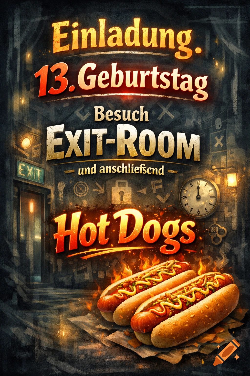 Stylized invitation poster for a 13th birthday to an Exit Room, with text and two flaming hot dogs.