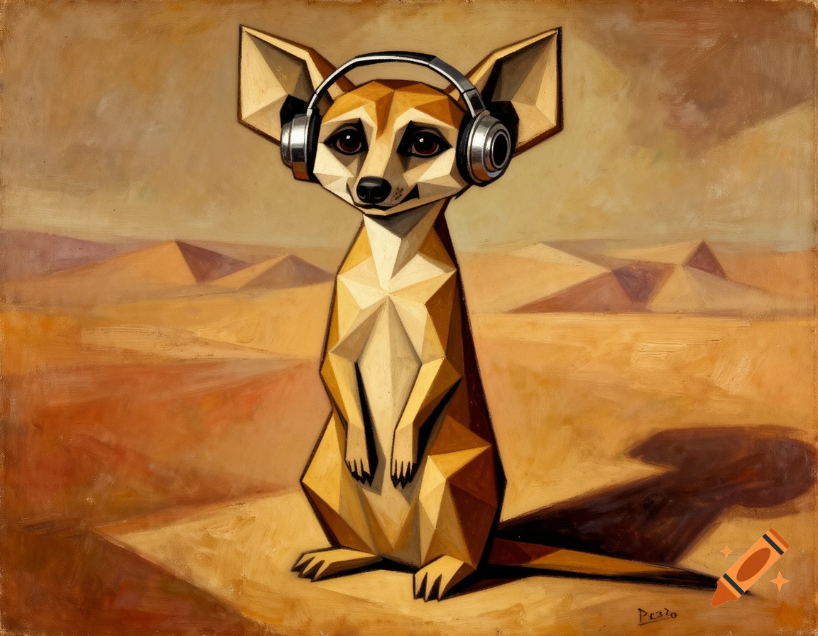 Cubist oil painting of a meerkat wearing headphones, standing in a warm-toned desert landscape.