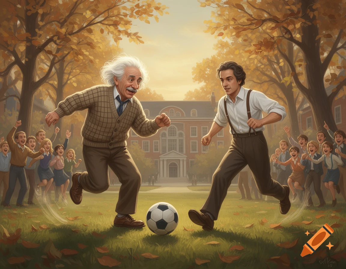 Illustrated scene of Albert Einstein and a young man playing soccer on a grassy field with cheering children in autumn.