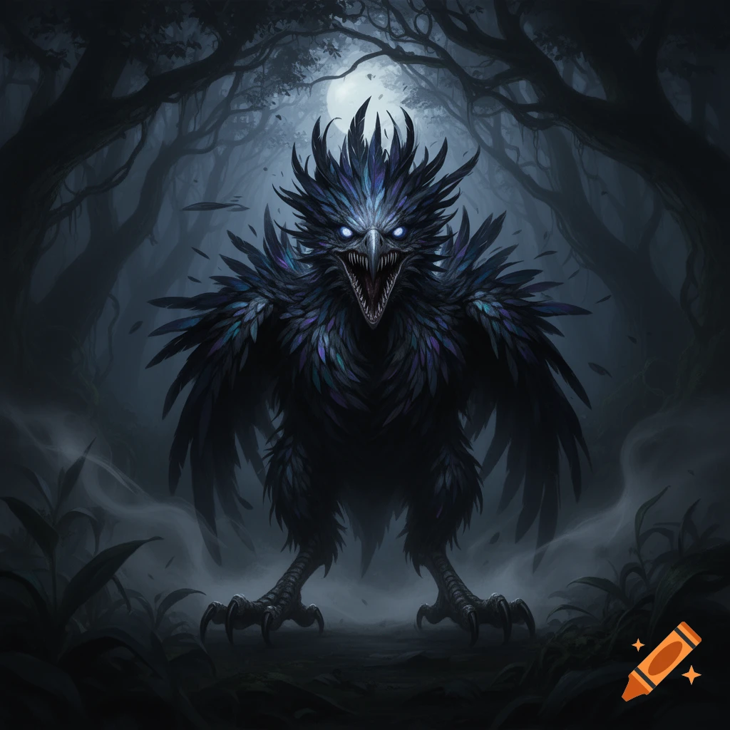 A terrifying, dark feathered creature with glowing blue eyes and sharp ...