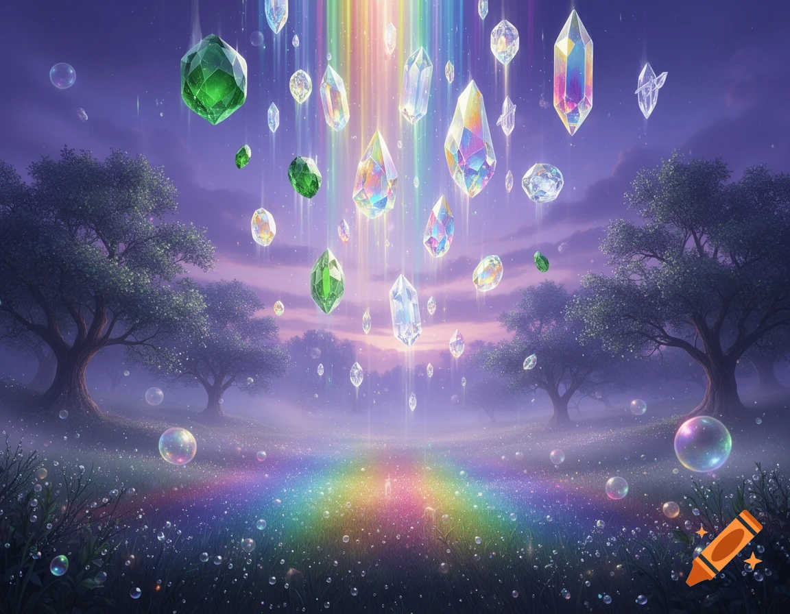 A magical landscape with shimmering crystals falling from a rainbow sky over a field with trees and bubbles.